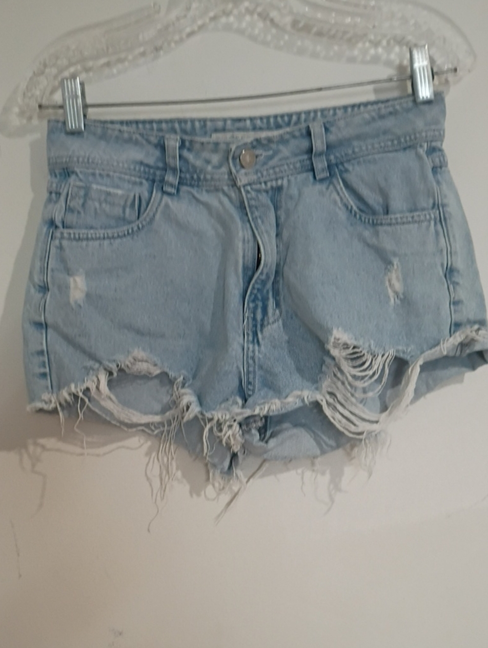 Light Blue Distressed Denim Jean Shorts with Frayed Hem
